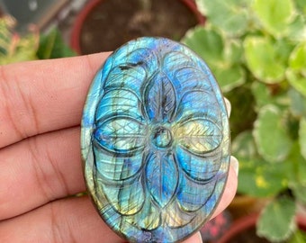Hand Carved Flashy Labradorite Palm Stone 2” | Blue Fire Crystal, Witchy Gift | Healing Stone Decor