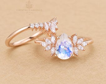 Natural Rainbow Moonstone Bridal Ring Set | Pear Moonstone Wedding Ring Set | June Birthstone Engagement Ring | Handmade Promise Ring