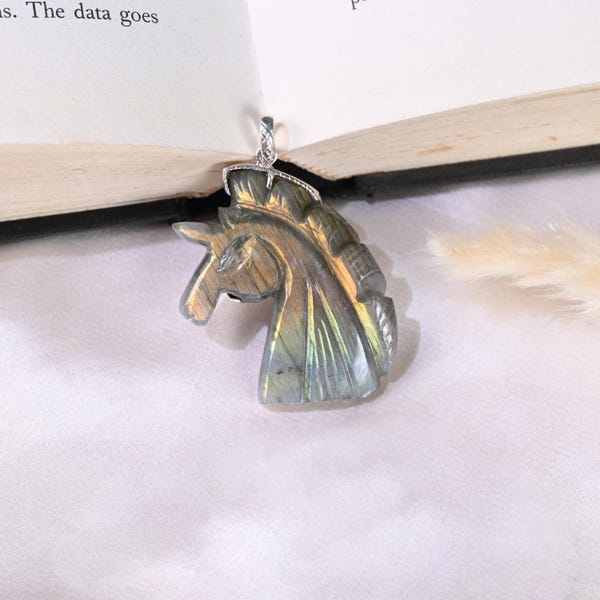 Hand Carved Labradorite Unicorn Pendant | Fantasy Gemstone Necklace in Sterling Silver