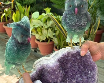 Fluorit Eule Skulptur | Rubinschnabel, Amethystdruzy, einzigartige Sammlerkunst