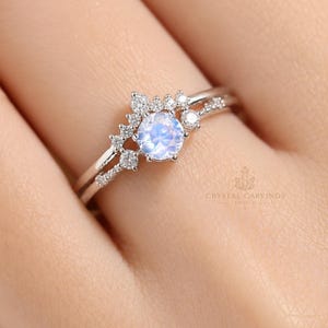 Natural Rainbow Moonstone Bridal Ring Set | June Birthstone Wedding Ring Set | Moonstone Engagement Ring | Stackable Wedding Band image 5