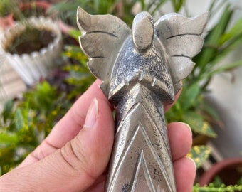Hand Carved Pyrite Angel Figurine | Natural Silver Crystal Guardian Angel Statue | Protection Stone Decor | 3.5 Inch