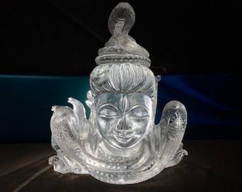 Clear Quartz Shiva Head Statue | Hand Carved Crystal Mahadev Idol | Natural Hindu God Sculpture | Spiritual Home Decor