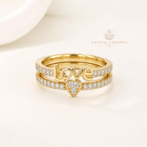 Love Bridal Ring Set, Two Ring Wedding Set, Heart Band and Love Script Ring, Romantic Anniversary Gift for Her