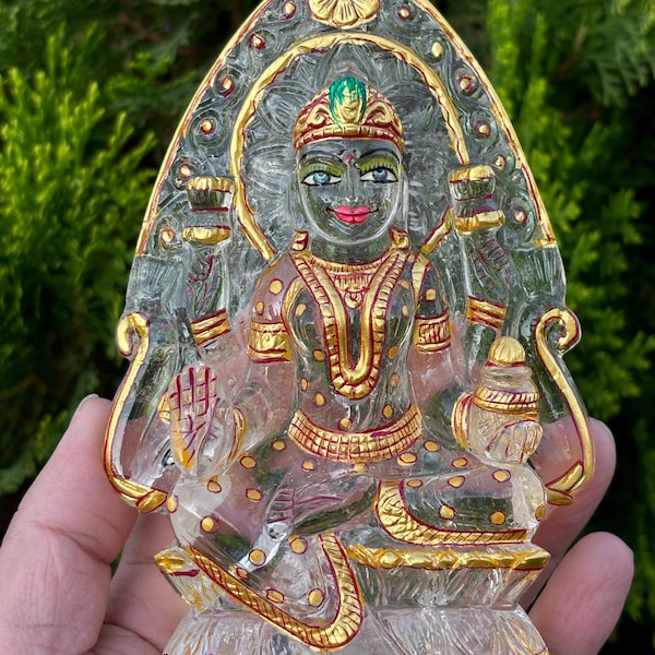 Hand Carved Clear Quartz Lakshmi Statue | Hand Painted Hindu Goddess Idol | Crystal Home Decor | Good Luck Gift