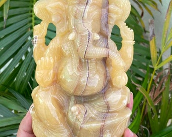Hand Carved Calcite Ganesha Statue | Natural Gemstone Hindu Decor | OOAK Spiritual Home Altar Sculpture | 7.5 Inch