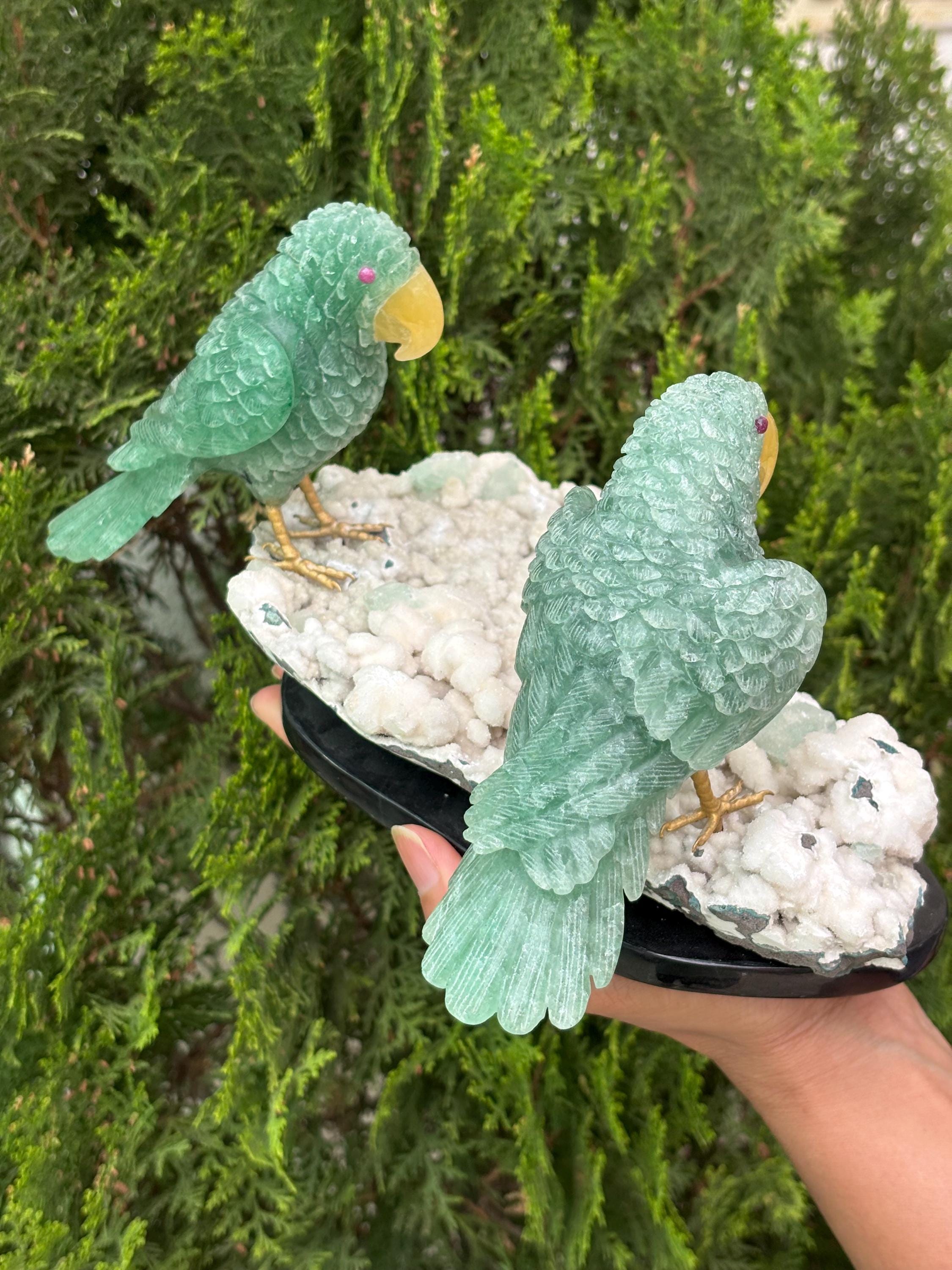 Hand-carved Gemstone Parrots Sculpture | Fluorite Birds on