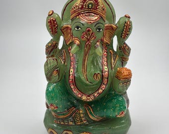 Natural Aventurine Ganesha Statue | Hand Carved Hand Painted Ganesh Idol | Green Crystal Spiritual Decor | Hindu God Sculpture | Gift