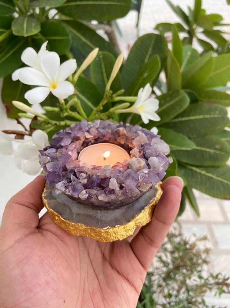 Amethyst Tealight Holder Gemstone Tealight Holders Gemstone Tea Light Crystal Tealight Holder Agate TeaLight Holder Natural Amethyst image 1