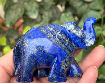 手彫りのラピスラズリ象像：室内装飾、幸運のお守り（3インチ×4インチ