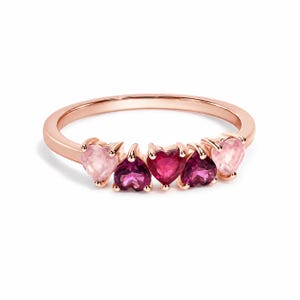 Bague coeur en grenat rubis naturel et quartz rose | Bague coeur avec plusieurs pierres précieuses | Bague romantique avec pierre de naissance | Anneau empilable | Cadeau pour elle