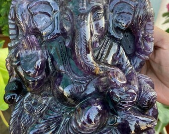 手彫りのアメジスト ガネーシャ像 | 11インチ 天然宝石 ヒンドゥー教