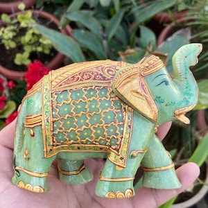 Elefante de jade natural- Elefante de piedra preciosa verde- Estatua de regalos de elefante- Decoración del hogar