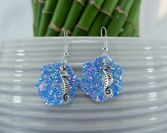 Seahorse Charm | Sterling Silver Earrings | Blue Glitter Faux Vegan Leather |