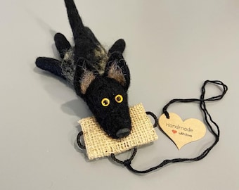 Felted Dark Malinois Biting Tug Ornament / Keychain