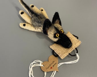 Felted German Shepherd Biting Tug Ornament / Keychain