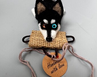 Felted Husky / Alaskan Klee Kai / Malamute Biting Tug Ornament / Keychain