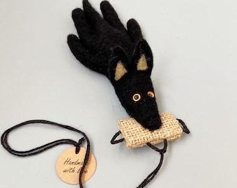 Felted BLACK SHEPHERD Biting Tug Ornament / Keychain