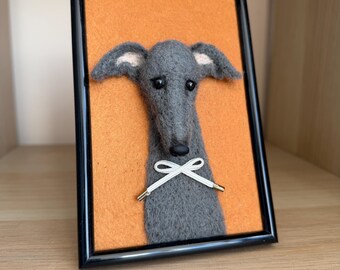 Needle felted 3D portrait of Sighthound in frame