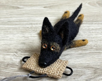 Felted Dark SABLE German Shepherd Tug Ornament / Keychain