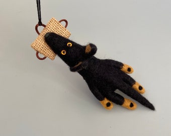 Felted Black German Shepherd Biting Tug Ornament/Keychain