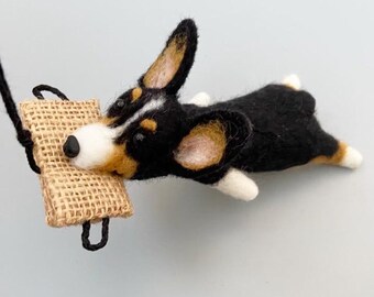 Felted TRICOLOR Corgi Biting Tug Ornament/Keychain