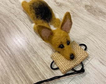 Felted RED / Sable / Corgi Biting Tug Ornament / Keychain