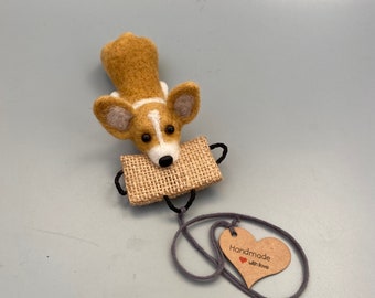 Felted RED & WHITE Corgi Biting Tug Ornament/Keychain