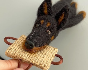 Felted Doberman Biting Tug Ornament/Keychain