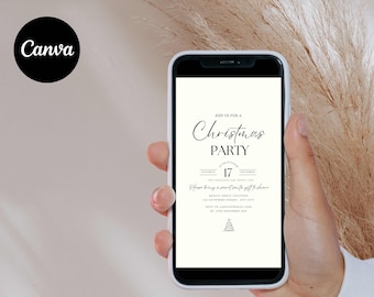 Może przedstawiać: Biały smartfon wyświetlający zaproszenie na świąteczną imprezę z czarnym tekstem. Zaproszenie brzmi "Join us for a Christmas Party" i zawiera datę "17".