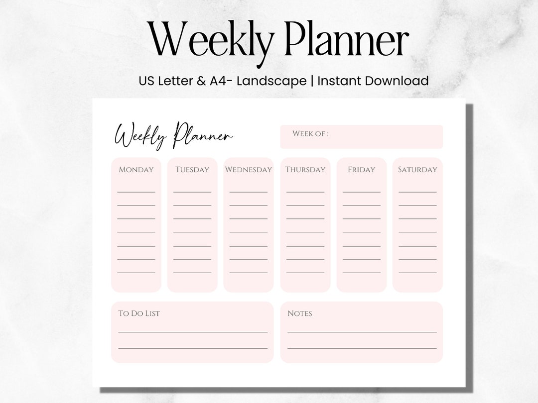 Weekly Planner Printable Landscape | US Letter & A4, Weekly Schedule ...