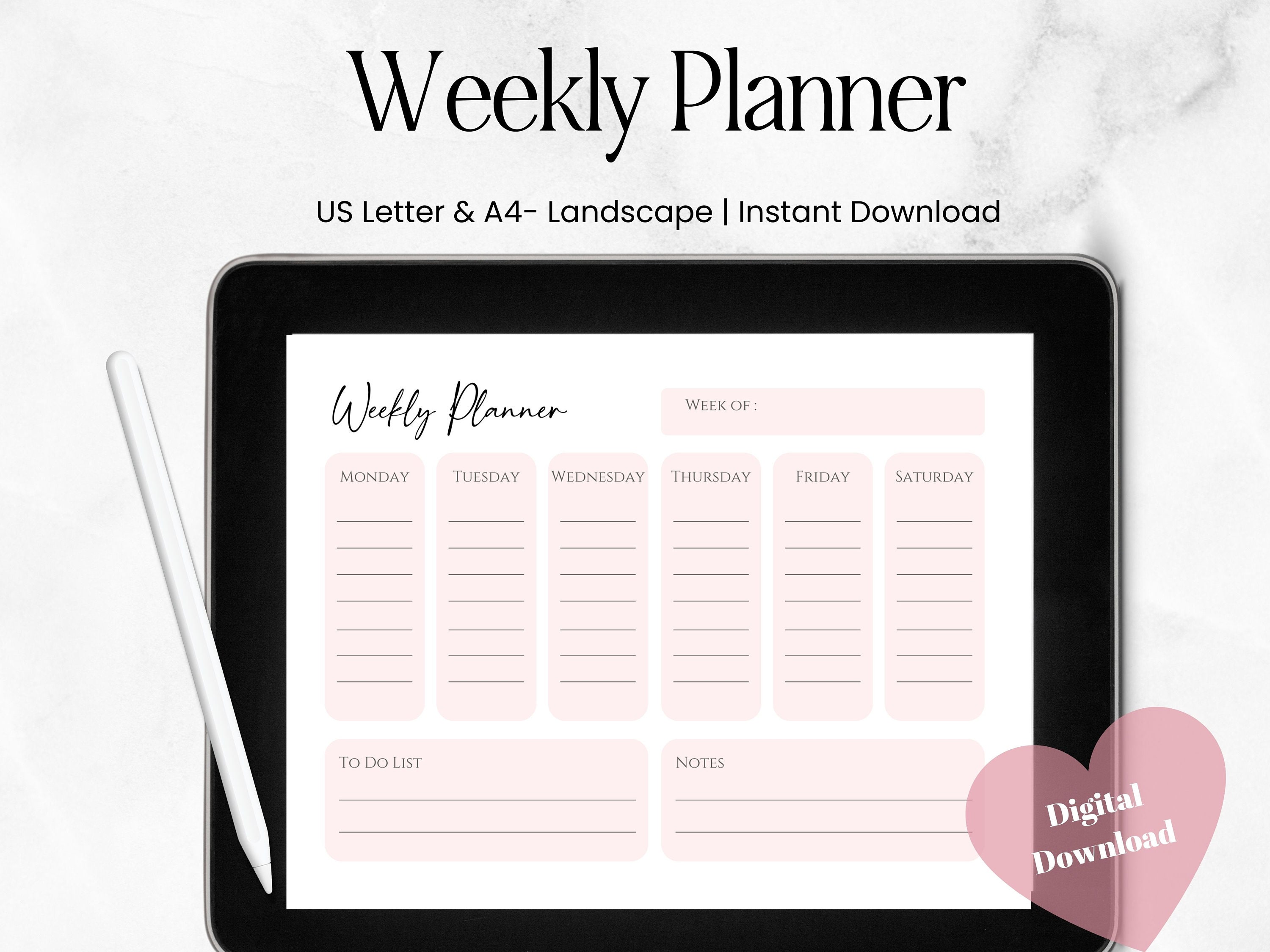 Weekly Planner Printable Landscape | US Letter & A4, Weekly Schedule ...
