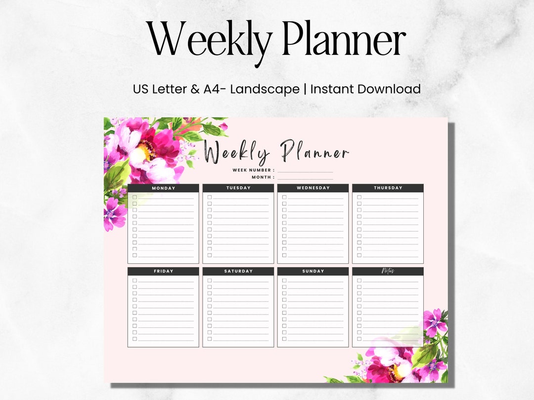Weekly Planner Printable Landscape | US Letter & A4, Weekly Schedule ...