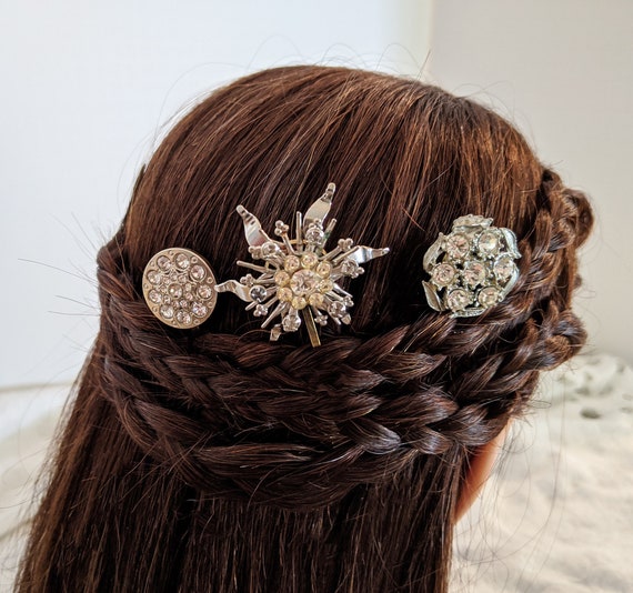 Vintage Style Crystal Bobby Pins Set of 3, Silver Rhinestone bridal hair jewelry Silver Flowers, Faux Pearl and Rhinestones Hair Pin Trio  main image 4