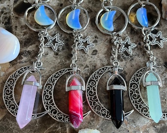 Crystal Moon and Star Pendant in Rose Quartz, Rose Stone, Obsidian, or Green Adventurine Keychain, for Her or Him, Gift,graduation gift