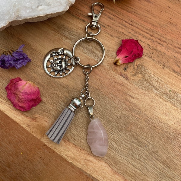 Rose Quartz Gemstone Keychain with Celestial Sun Charm, for Her,Mothers Day,Graduation,Good Gift,Car Decor,Bag or Purse Accessory