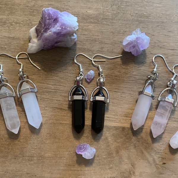 Crystal Point Earrings,Rose Quartz,Clear Quartz,and Black Onyx,Gemstone Earrings,Great Birthday Gift,Great Gift Idea,Holiday Gift,Birthstone