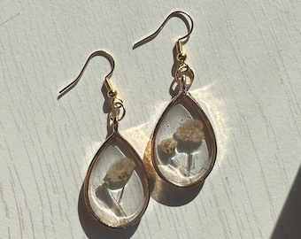 Resin Baby's Breath Earrings, Dried Flower Gold Earrings