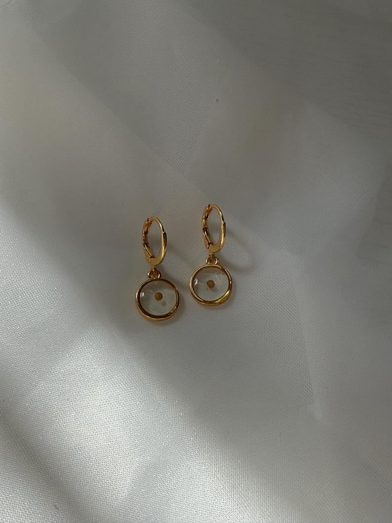 May include: A pair of gold hoop earrings with a small, clear circle pendant containing a single, tiny seed. The earrings are on a white background.