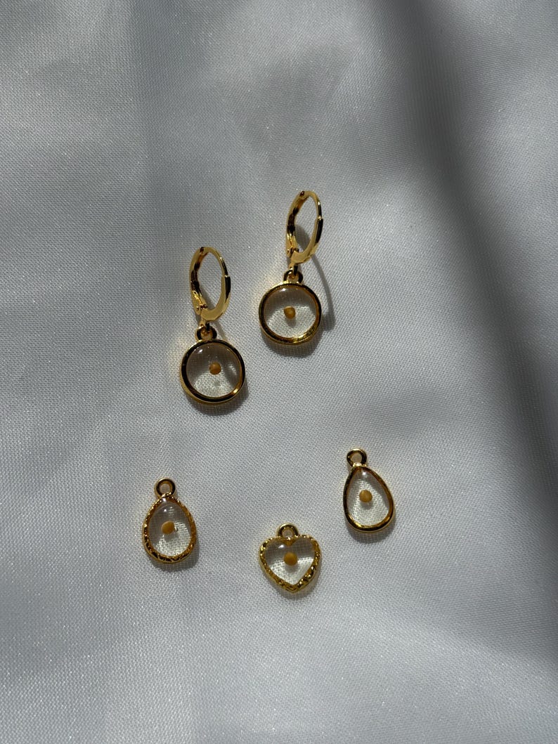 May include: Five gold-toned earrings and pendants with clear glass charms containing a single small seed. The charms are in the shapes of a circle, teardrop, and heart.