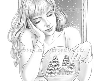 Snowball | Gandaleah Coloring Pages | Printable Adult Winter Christmas Coloring Pages Book Instant Download Grayscale Illustration PDF JPG