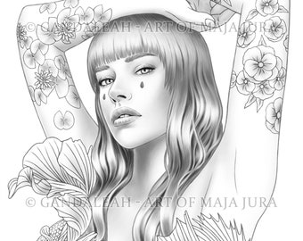 Vanora | Gandaleah Coloring Pages | Printable Adult Women Portrait Colouring Page Book Instant Download Grayscale Illustration PDF JPG