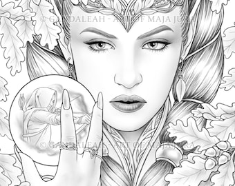 Autumn Witch Coloring Page for Adults: Hand Drawn Printable Grayscale Illustration (PDF, JPG)