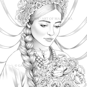 Slavic Beauty Coloring Page for Adults: Hand Drawn Printable Grayscale Illustration (PDF, JPG)