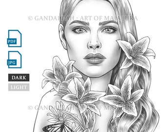 Lily | Gandaleah Coloring Pages | Printable Adult Women Colouring Page Book Instant Download Grayscale Illustration PDF JPG