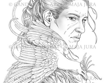 Finnegan | Gandaleah Coloring Pages | Printable Adult Fantasy Portrait Colouring Page Book Instant Download Grayscale Illustration PDF JPG