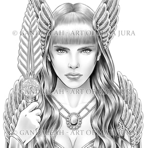 Valkyrie Coloring Page for Adults: Hand Drawn Printable Grayscale Illustration (PDF, JPG)
