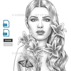 Lily | Gandaleah Coloring Pages | Printable Adult Women Colouring Page Book Instant Download Grayscale Illustration PDF JPG
