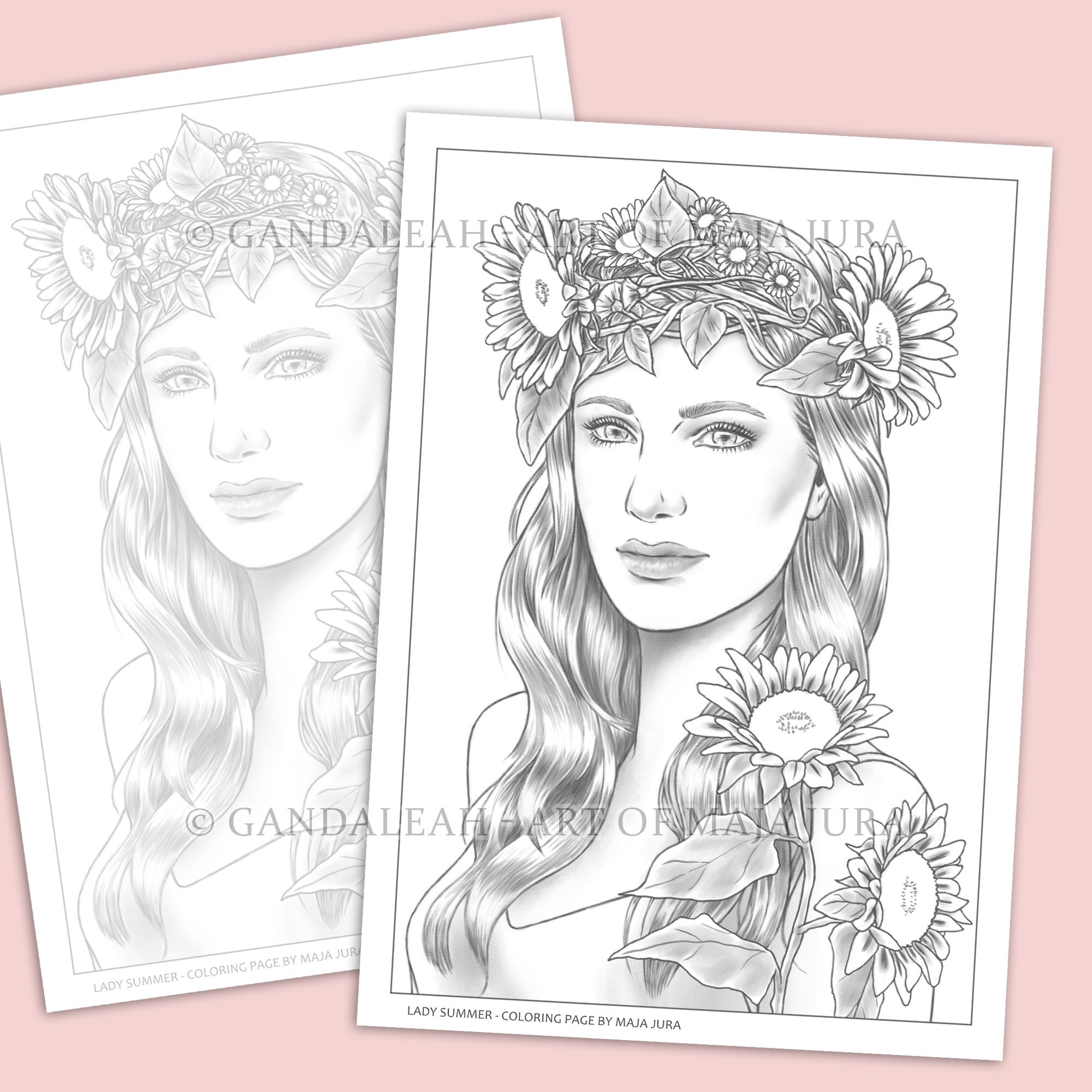 lady summer printable coloring page for adults portrait etsy israel