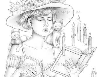 Brewing Trouble Coloring Page for Adults: Hand Drawn Printable Halloween Spooktober Grayscale Illustration (PDF, JPG)